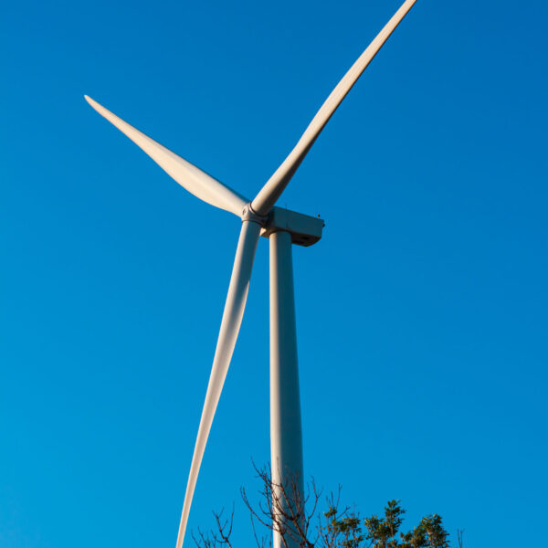 Wind turbine energy converter on blue sky background. Local eco friendly wind farm. Power farming background. Green ecological electricity concept wallpaper.